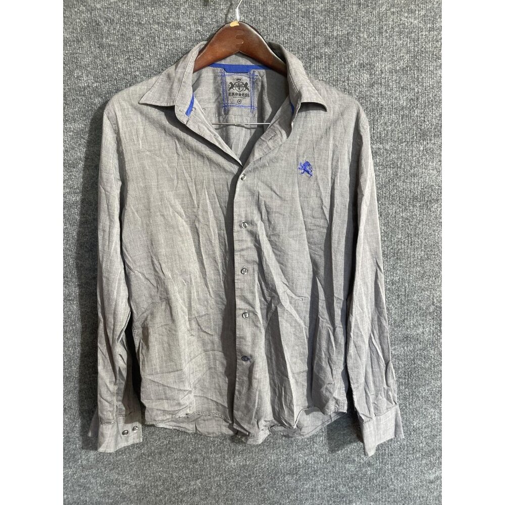 Express Shirt Mens Medium Gray Cotton Long Sleeve Embroidered Crest Button Up